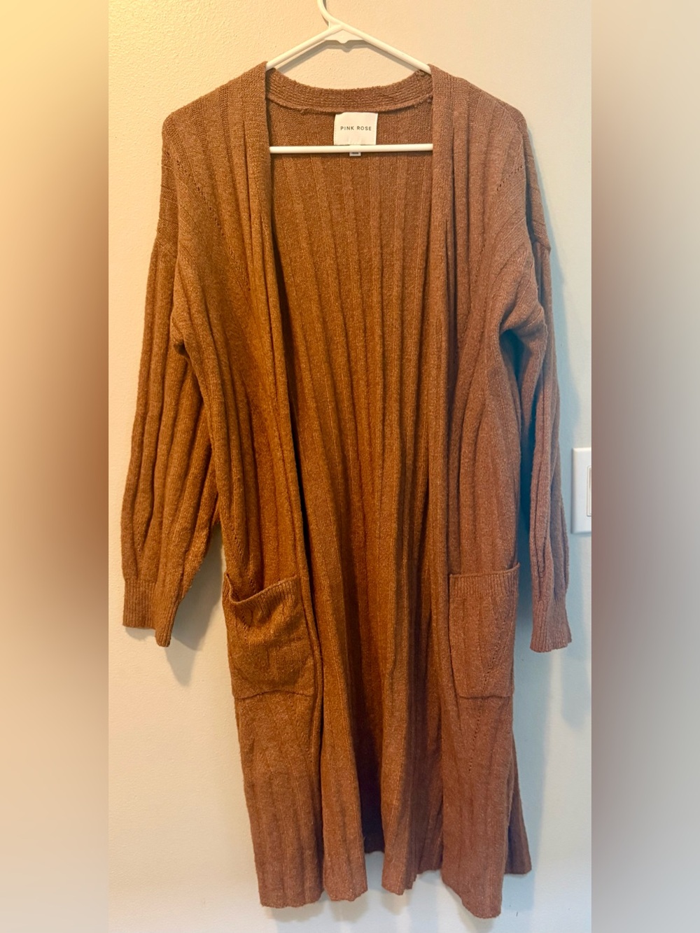 Pink Rose Open-Front Long Cardigan in Chestnut